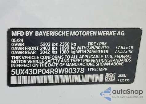 2024 BMW X3 Sdrive30I z USA, uszkodzony, nr VIN 5UX43DP04R9W90378